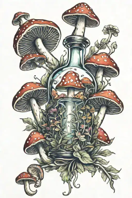 potion bottle with psychedelic mushrooms all around it tattoo design idea
