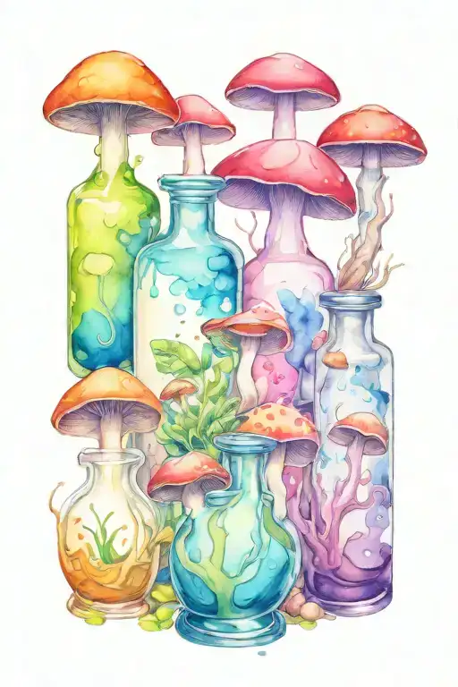 liquid-filled potion bottles with color filling psychedelic mushrooms everywhere tattoo design idea