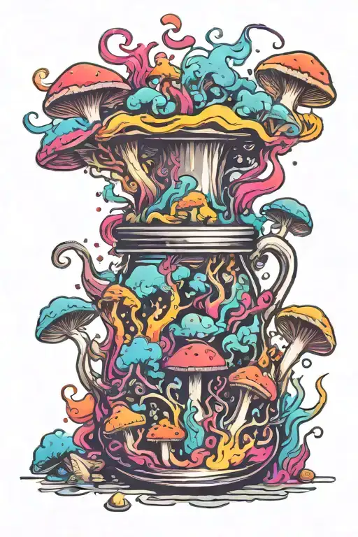 liquid-filled potion bottle with colorful smoke coming out and psychedelic mushrooms all around it tattoo design idea