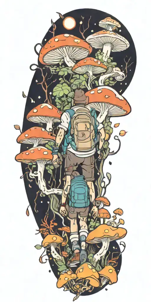 An anime-inspired character hiking through a mystical forest with glowing mushrooms tattoo design idea