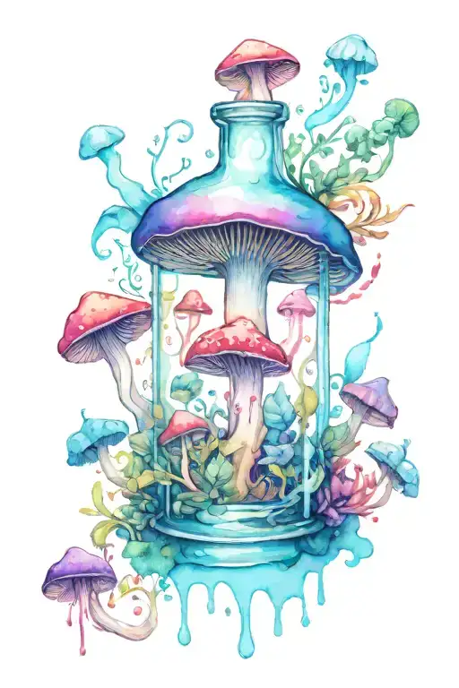 one liquid-filled potion bottle with color slowly rising in the psychedelic mushrooms growing on the ground tattoo design idea