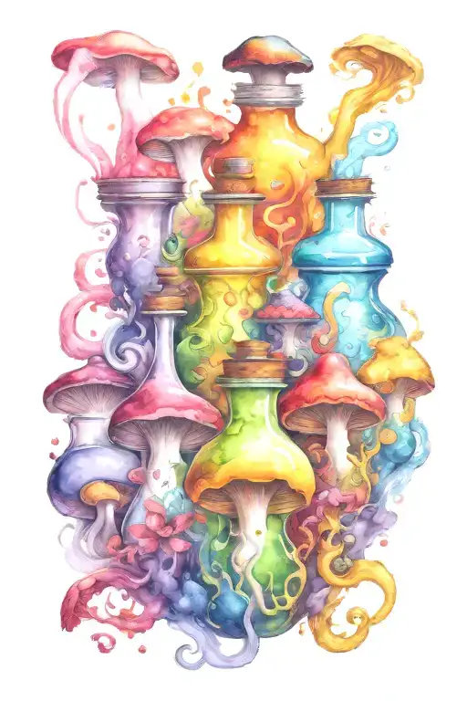 liquid-filled potion bottles with colorful smoke and with color filling psychedelic mushrooms everywhere tattoo design idea