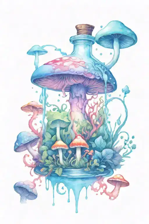 one liquid-filled potion bottle with color slowly rising in the psychedelic mushrooms growing on the ground tattoo design idea