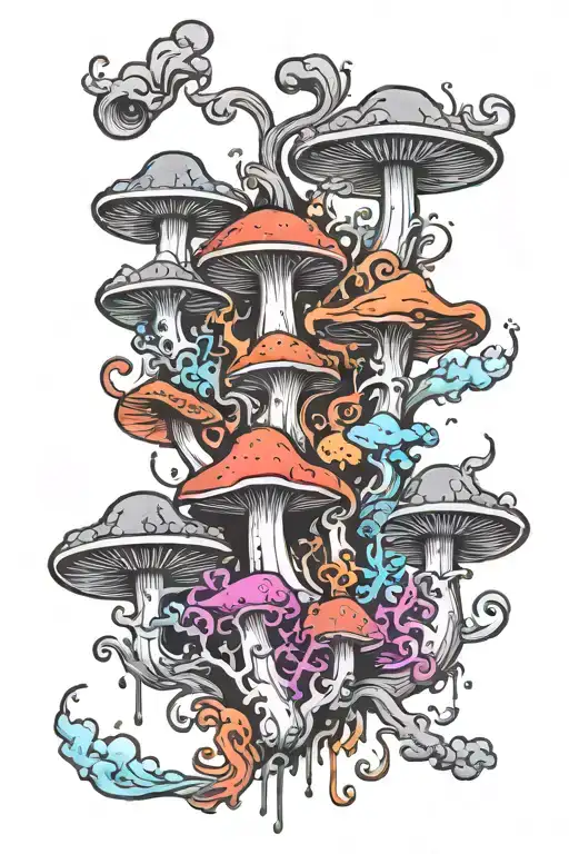 liquid-filled potion bottles with colorful smoke coming out and color filling psychedelic mushrooms all around it tattoo design idea
