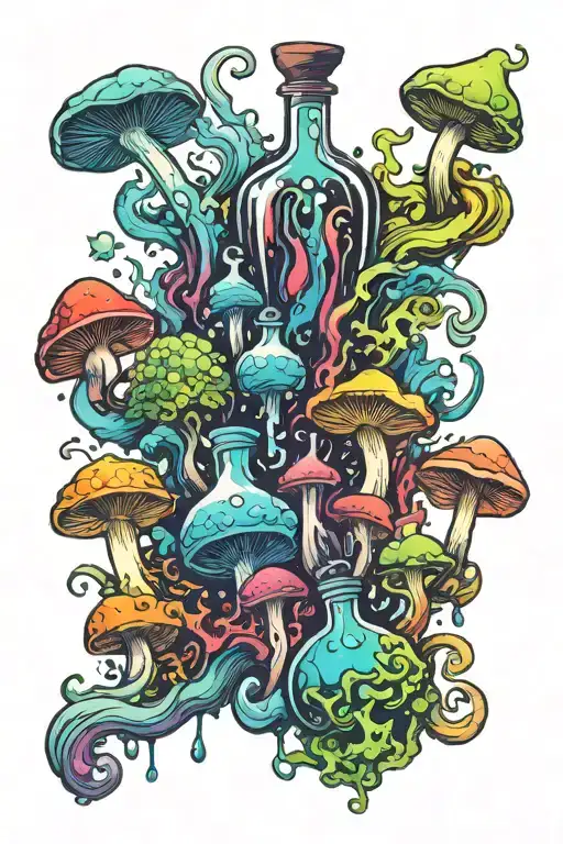 liquid-filled potion bottles with colorful smoke and color filling psychedelic mushrooms everywhere tattoo design idea