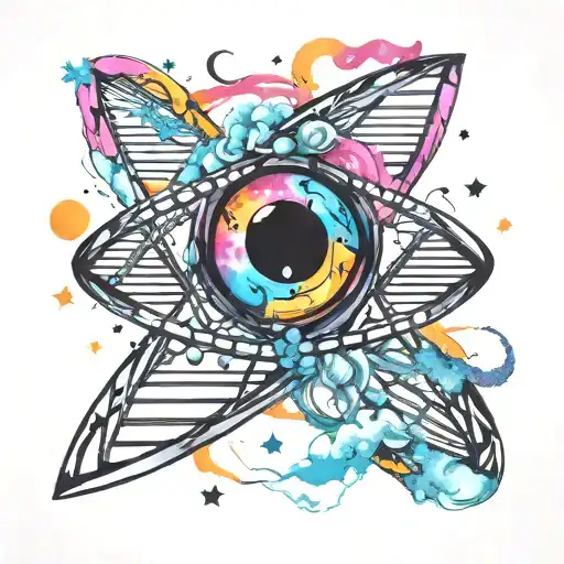 DNA double helix merging with a black hole in a colorful nebula tattoo design idea