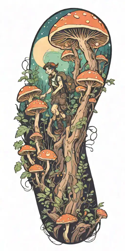 An anime-inspired character hiking through a mystical forest with glowing mushrooms tattoo design idea