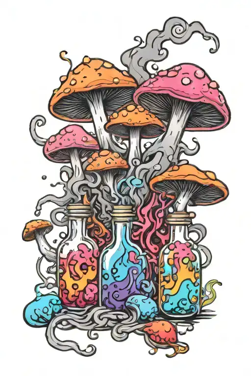 liquid-filled potion bottles with colorful smoke and color filling psychedelic mushrooms everywhere tattoo design idea