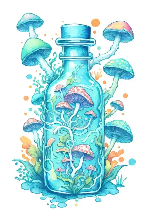 one liquid-filled potion bottle with color slowly rising in the psychedelic mushrooms growing on the ground tattoo design idea