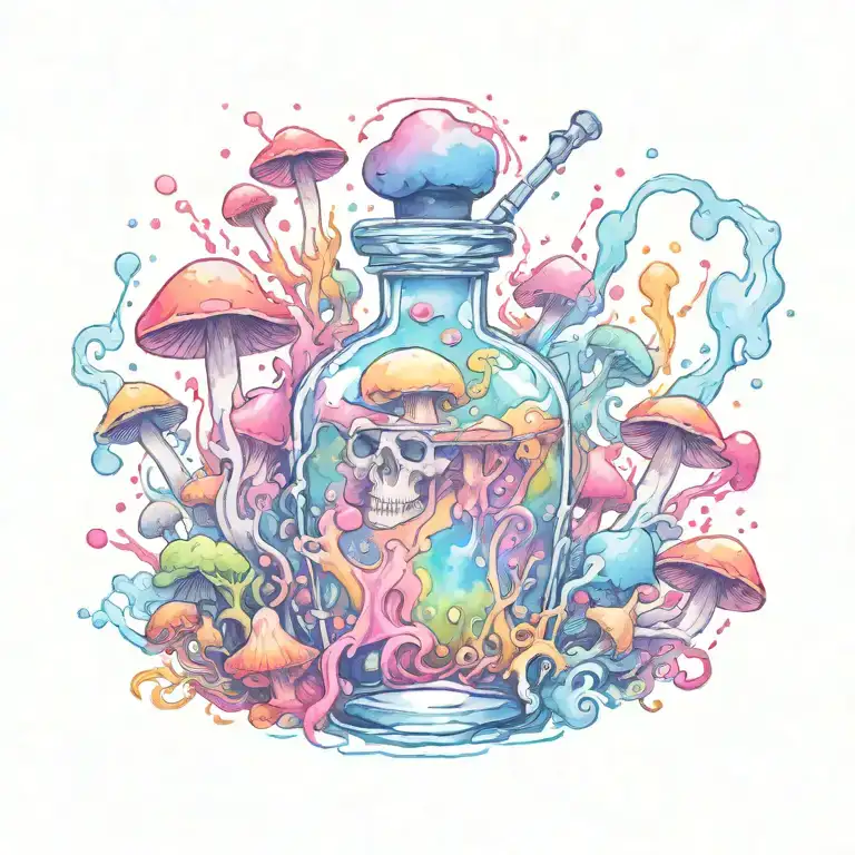 liquid-filled potion bottle with colorful smoke coming out and psychedelic mushrooms all around it splashed with color  tattoo design idea