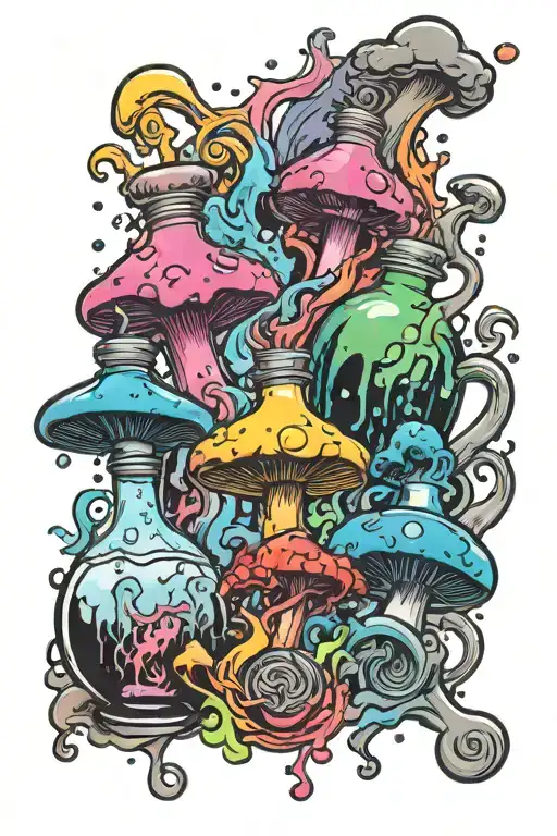 liquid-filled potion bottles with colorful smoke coming out and psychedelic mushrooms all around it splashed with color  tattoo design idea