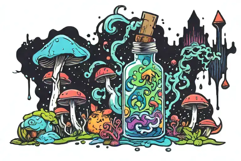 liquid-filled potion bottle with colorful smoke coming out and psychedelic mushrooms all around it splashed with color  tattoo design idea