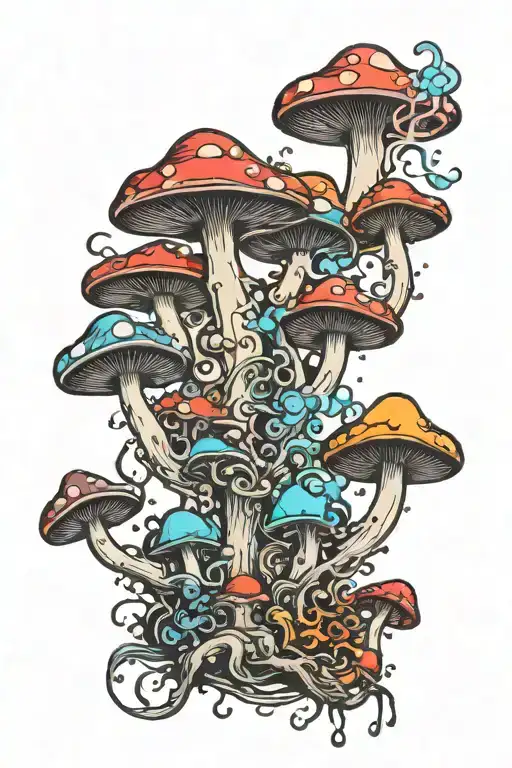 liquid-filled potion bottles with colorful smoke emanating and color filling psychedelic mushrooms everywhere tattoo design idea