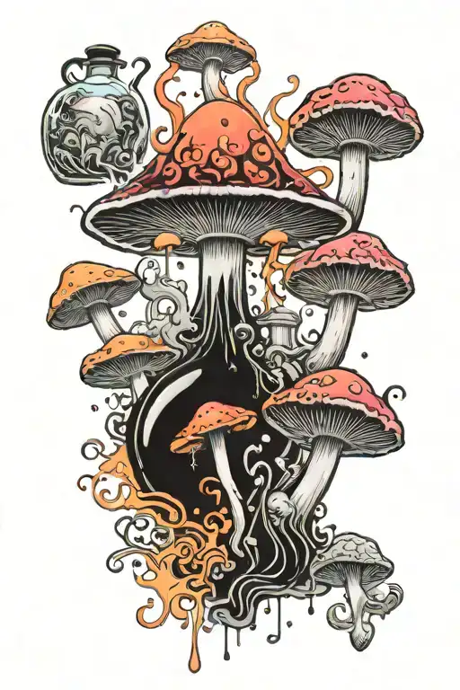 liquid-filled potion bottles with colorful smoke emanating and color filling psychedelic mushrooms all around it tattoo design idea