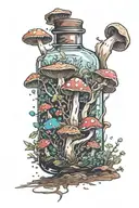one small liquid-filled potion bottle with color filling psychedelic mushrooms growing on the ground around it tattoo design idea