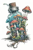 one small liquid-filled potion bottle with color filling psychedelic mushrooms growing on the ground around it tattoo design idea