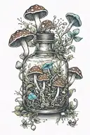 potion bottle with psychedelic mushrooms all around it tattoo design idea