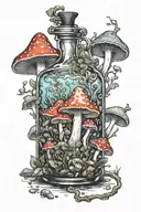 potion bottle with psychedelic mushrooms all around it tattoo design idea