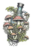 liquid-filled potion bottle with psychedelic mushrooms all around it tattoo design idea