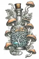 potion bottle with psychedelic mushrooms all around it tattoo design idea