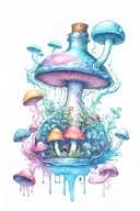 one liquid-filled potion bottle with color slowly rising in the psychedelic mushrooms growing on the ground tattoo design idea