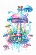 one liquid-filled potion bottle with color slowly rising in the psychedelic mushrooms growing on the ground tattoo design idea