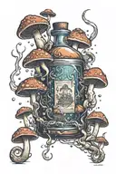 liquid-filled potion bottle with psychedelic mushrooms all around it tattoo design idea