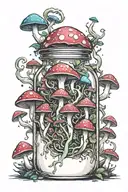 liquid-filled potion bottle with psychedelic mushrooms all around it tattoo design idea