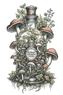full potion bottle with psychedelic mushrooms all around it tattoo design idea