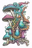 liquid-filled potion bottles with colorful smoke and color filling psychedelic mushrooms everywhere tattoo design idea