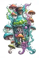 liquid-filled potion bottle with colorful smoke coming out and psychedelic mushrooms all around it splashed with color  tattoo design idea