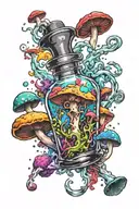 liquid-filled potion bottle with colorful smoke coming out and psychedelic mushrooms all around it splashed with color  tattoo design idea