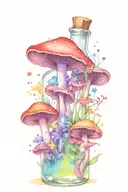 one tiny liquid-filled potion bottle with color filling psychedelic mushrooms growing on the ground around the bottle tattoo design idea