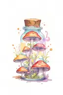 one tiny liquid-filled potion bottle with color filling psychedelic mushrooms growing on the ground around the bottle tattoo design idea