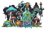 liquid-filled potion bottle with colorful smoke coming out and psychedelic mushrooms all around it splashed with color  tattoo design idea