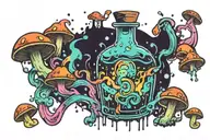 liquid-filled potion bottle with colorful smoke coming out and psychedelic mushrooms all around it splashed with color  tattoo design idea