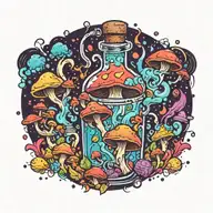 liquid-filled potion bottle with colorful smoke coming out and psychedelic mushrooms all around it splashed with color  tattoo design idea