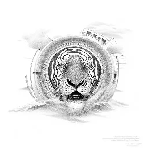 Design the boat of life of pi called "Tsimtsum" going through a stormy ocean tattoo design idea