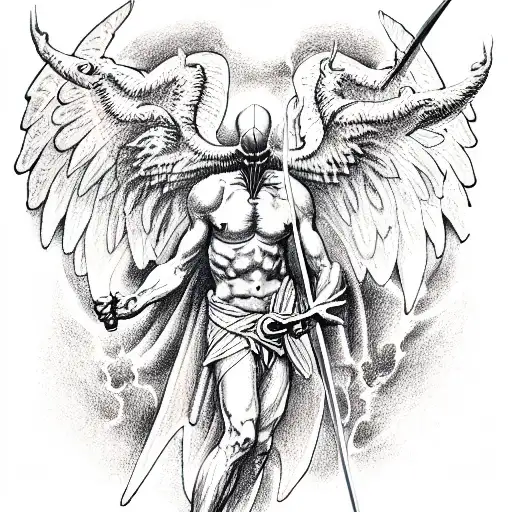 Archangel standing over satan with sword through his skull tattoo design idea