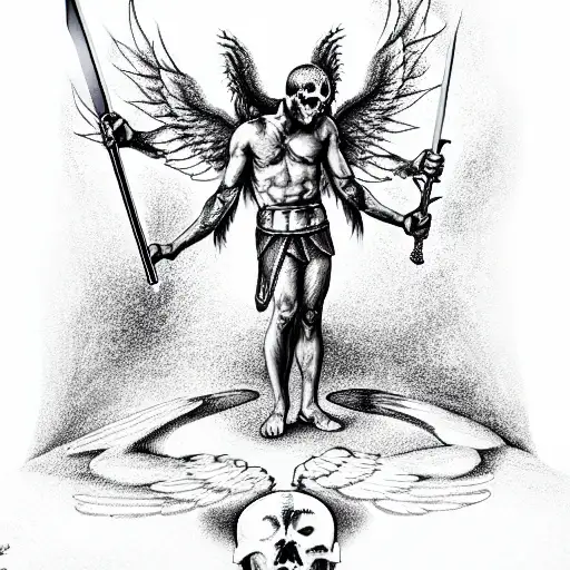 Archangel standing over satan with sword through his skull tattoo design idea