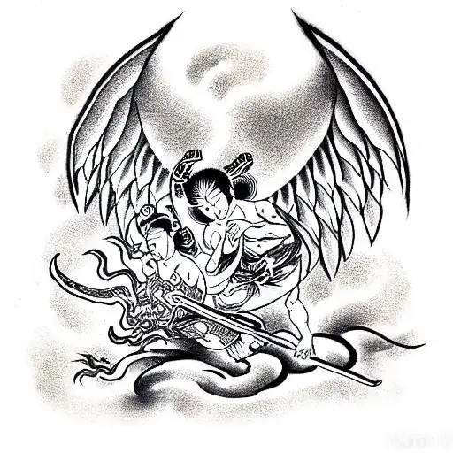 Angel defeating satan tattoo design idea
