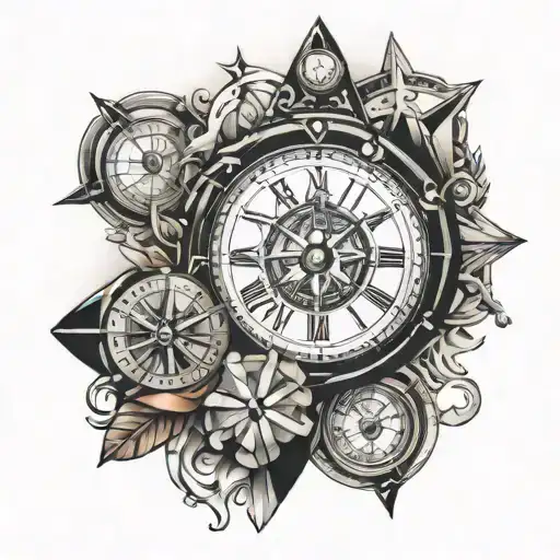 pyramid, compass and clock tattoo design idea