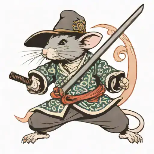 rat with rice hat and robe with katana sword, one hand fire bending tattoo design idea