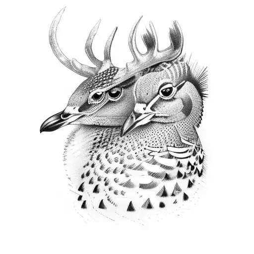 A dotwork design of a hunting scene, featuring a woodcock, quail, and an English pointer in a mountainous setting tattoo design idea