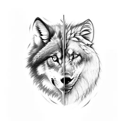 A black-grey tattoo of a wolf and a lion, symbolizing the bond between family and strength tattoo design idea
