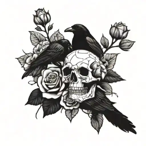 Roses and raven skull tattoo design idea
