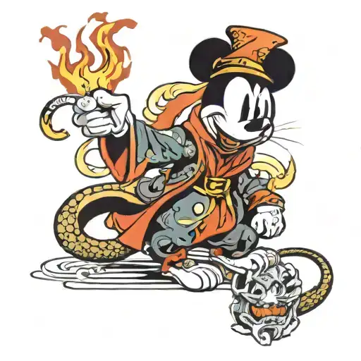 sorcerer mickey mouse with dragon on fire in the background  tattoo design idea