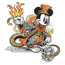 sorcerer mickey mouse with dragon on fire in the background  tattoo design idea