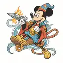 sorcerer mickey mouse with dragon on fire in the background  tattoo design idea
