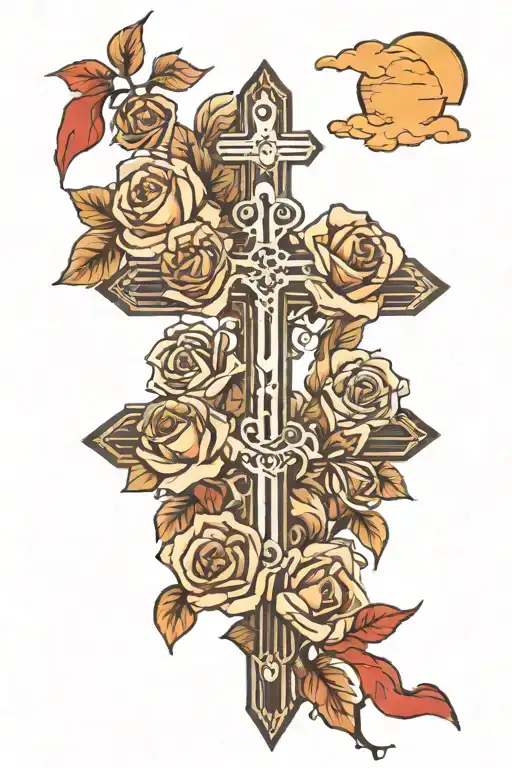 Cross with moutains and a rising sun and clouds with roses wrapped around the cross tattoo design idea